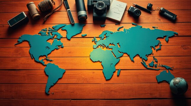 World map with travel accessories, evoking wanderlust and the spirit of exploration for adventure seekers.