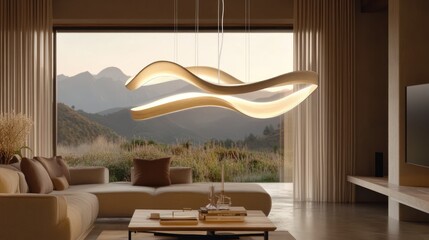 Fototapeta premium Large, sculptural pendant light with artistic curves, acting as a centerpiece in a designer living room.