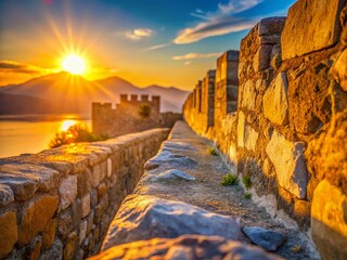 Sunrise at Patras Castle: Medieval Greek Walls with Bokeh Effect