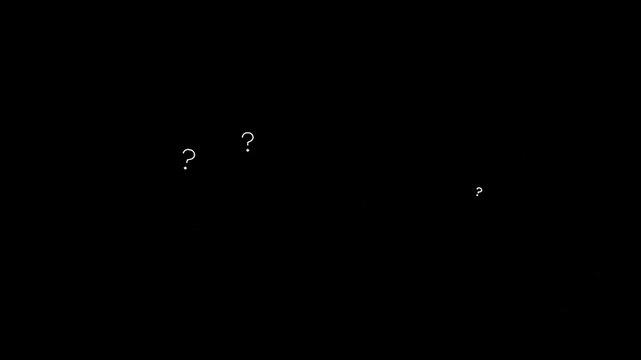 lots of white question marks on black background appearing randomly with random rotation