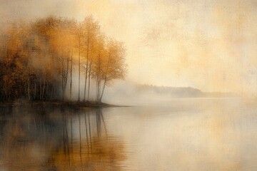 Obraz premium Serene Autumn Landscape with Misty Lake and Golden Trees at Dawn