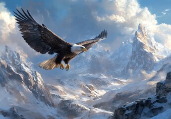 Obraz premium Majestic Eagle Soaring Above Snowy Mountain Landscape with Dramatic Clouds and Clear Blue Sky