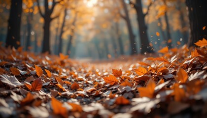 Golden Autumn Leaves Path in a Sunlit Forest Beautiful Fall Nature Scene with Sunlight and Falling Leaves
