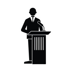 man with microphone on podium