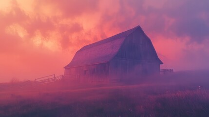 A weathered barn is set against a vibrant colorful sky