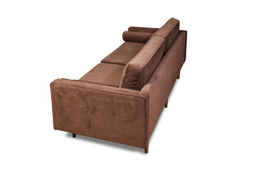 Brown suede sofa with adjustable backrest and bolster pillows on white background