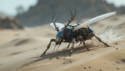 Obraz premium Futuristic Robotic Insect Crawling Across Desert Sand Dune Mechanical Beetle in arid landscape