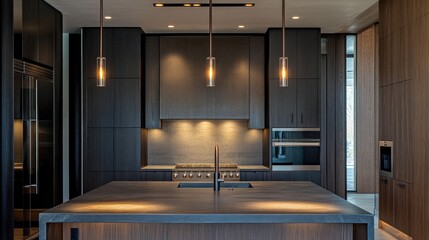 Layered ceiling lighting with both recessed and decorative pendant fixtures in a modern setting.