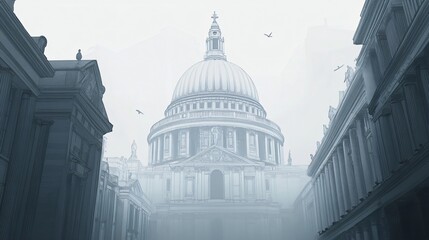 Line art of the grandeur of St Paul&rsquo;s Cathedral seen through a foggy London morning
