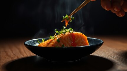 Salmon fillet being garnished with greens, plated in dark bowl, on dark wood against dark background.