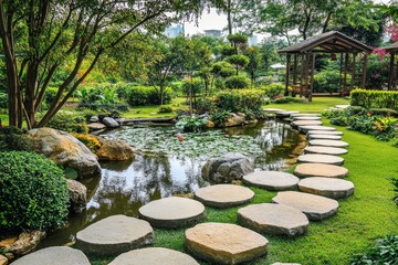 Serene Garden Landscape with Pond and Stone Pathway in Nature