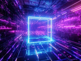 Obraz premium A futuristic room with neon lights and a galaxy backdrop