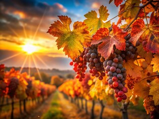 Sunset Vineyard: Vibrant Autumn Grape Harvest, Organic Winemaking, Bokeh Effect