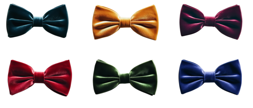 Png of Elegant multicolored velvet bow ties arranged in a stylish patter on transparent background.