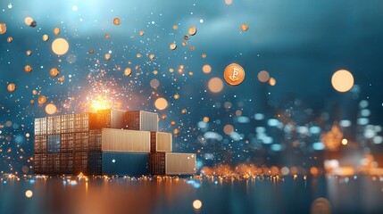 Dynamic cryptocurrency visualization urban environment digital art futuristic setting aerial perspective financial growth concept