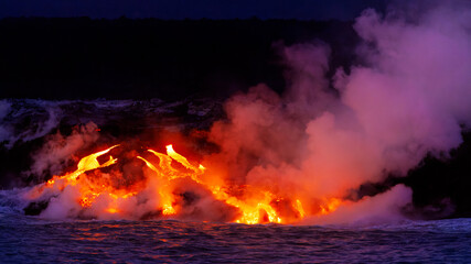 Lava flowing from a volcanic eruption in  Galapagos Islands