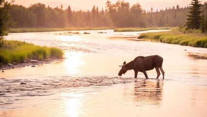 Naklejka premium A moose wading through a tranquil pond, with ripples spreading out around its legs