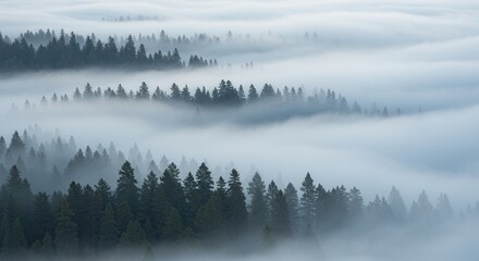 Fototapeta premium Aerial View of Forest Landscape with Evergreen Trees Shrouded in Thick Fog