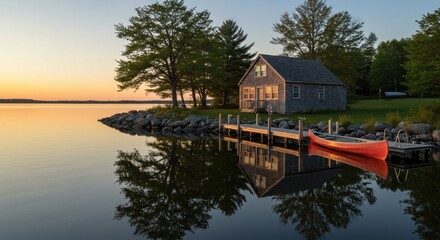Fototapeta premium Serene lakeside cottage at sunset with calm waters reflecting trees and a red canoe nearby - cape cod home