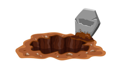 Cartoon tombstone leaning over large hole in brown earth, scattered with small stones.