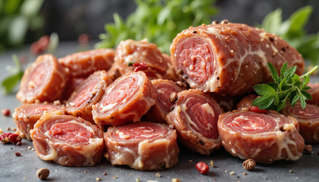 Lukanka sliced salami showcasing spices with fresh herbs, culinary delight