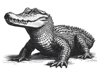 Fototapeta premium alligator in a classic vintage illustration style, showcasing its textured scales, sharp teeth, and powerful posture sketch engraving generative ai raster illustration. Scratch board. Black and white.