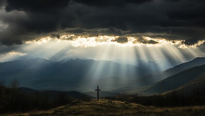 A cross appears in the sky with the sun shining through clouds