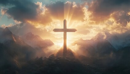 Fototapeta premium A cross appears in the sky with the sun shining through clouds
