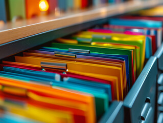 An organized drawer filled with colorful file folders, with binders on the shelf above. The vibrant colors and neat arrangement make it visually appealing and suggest efficient organization.