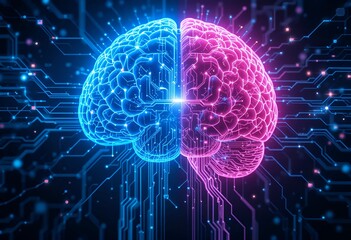 Obraz premium A Futuristic AI Brain with Neural Circuits Blue & Pink Technology Concept