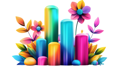 Colorful 3D rainbow bars with floral decoration digital art, Abstract Floral Illustrations for Modern Design Templates, Colorful 3D Digital Art for Backgrounds and Branding