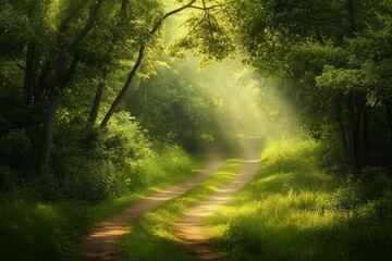Obraz premium Serene Pathway Through Lush Green Forest with Soft Sunlight Rays