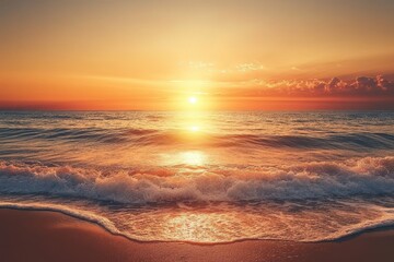 Fototapeta premium Serene Sunset Over Calm Ocean Waves on Sandy Beach Shoreline