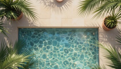 Serene Poolside Relaxation Overhead View of Turquoise Water Surrounded by Lush Palm Plants in Sunny Outdoor Setting