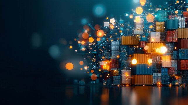 Dynamic cargo shipment logistics global trade hub abstract visualization modern industrial environment close-up viewpoint concept of globalization impact