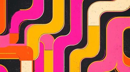 Vibrant abstract patterns featuring bold curves in pink, orange, and black tones.
