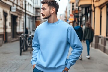 Fototapeta premium Mockup of male model in light blue crew neck sweatshirt posing on urban streetscape