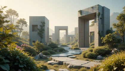 Fototapeta premium Serene Modern Architecture in a Lush Green Landscape Peaceful Pathway Winding Through Concrete Structures and Greenery
