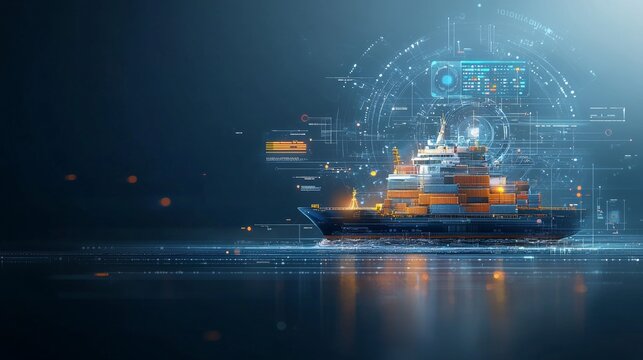 Innovative maritime vessel navigating through digital frontier futuristic ocean 3d visualization calm waters perspective on technology advancement