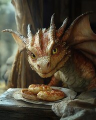 Young Dragon Gazing at Baked Bread Rolls