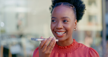 Speaker phone call, face or black woman in city for a conversation, discussion or consulting....