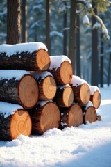 Winter's Embrace A Stack of Freshly Cut Logs Covered in a Blanket of Pristine Snow, Nestled Amidst a Tranquil Forest
