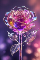 A three-dimensional transparent glass rose with an exquisite design and intricate details. The petals are made of a crystalline or glass-like material