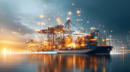 Cargo ship docked at port during dusk illustrating global trade dynamics marine environment wide-angle view transportation concept