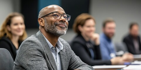Engaging discussion taking place in a conference room during a professional development workshop with diverse participants