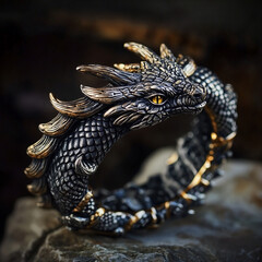 Obraz premium The image features a intricately detailed bracelet in the shape of a dragon, with a combination of silver and gold tones. The bracelet is displayed on a rock-like surface against a dark
