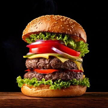 Hamburguesa doble con tomate queso y pepinillo sobre un fondo negro