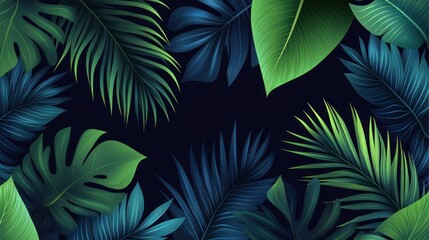 Tropical leaves frame, vibrant green and blue, nature background, graphic design