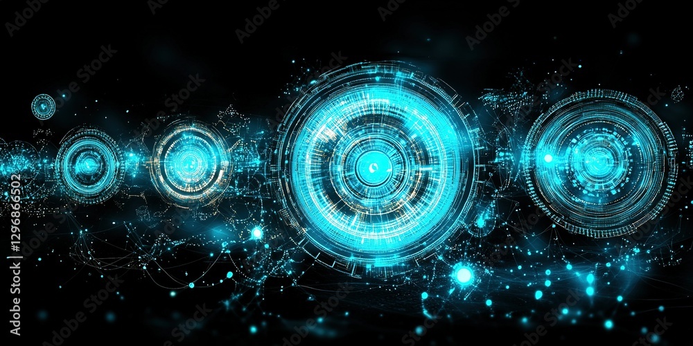 Poster futuristic digital interface with glowing blue circular patterns and intricate data representations