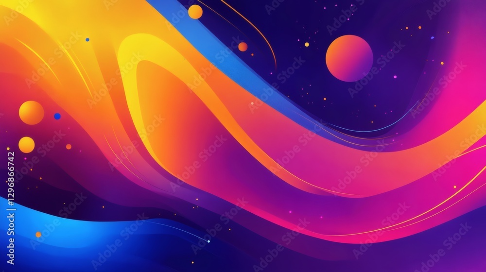 Sticker abstract vibrant flowing color layers and celestial spheres in space